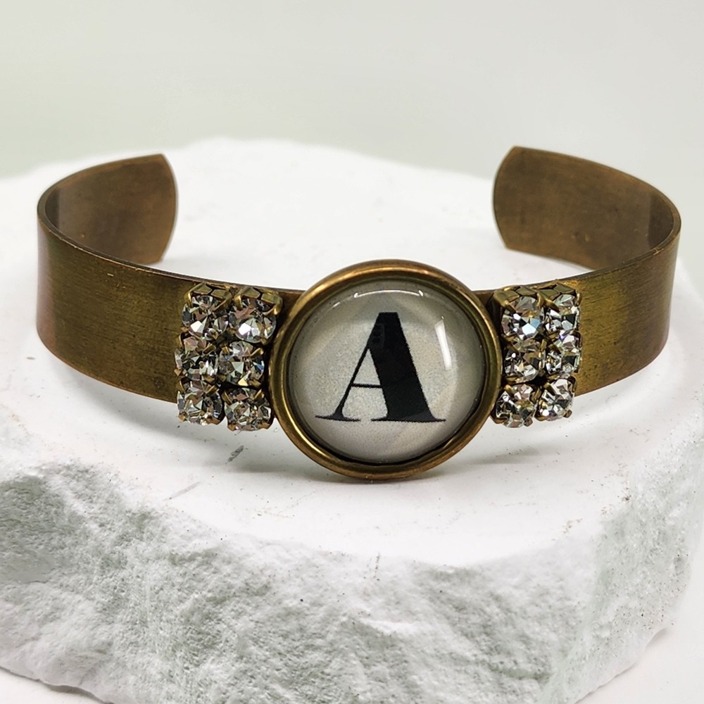 Initial A Rhinestone Brass Tone Cuff Bracelet Monogram Glam Vintage Jewelry